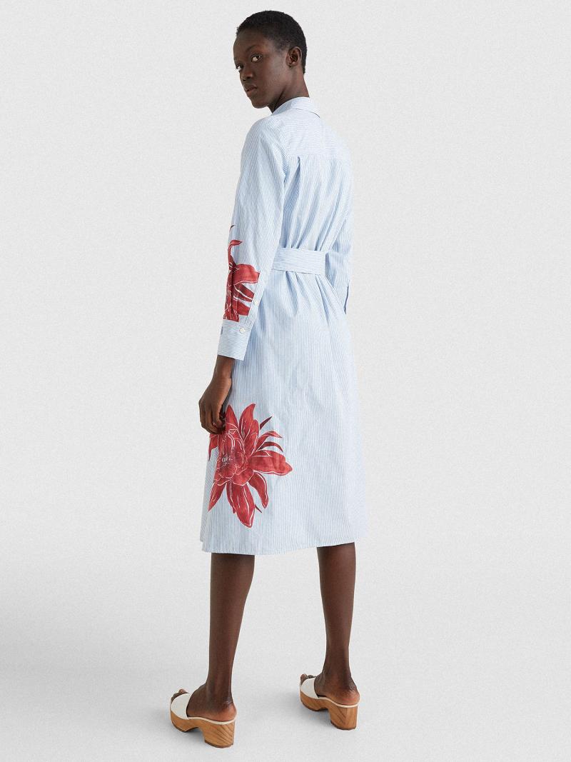 Női Tommy Hilfiger Floral Stripe Midi Shirtdress Dresses Kék | HU 91MQZ